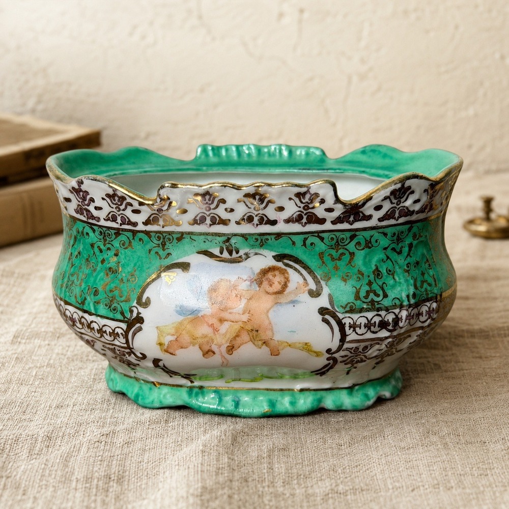 Antique Victoria Carlsbad Austria Porcelain Cherub Footed Bowl Green Gold
